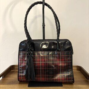 Patricia Nash Large Black Paris Red Gold Tartan Plaid Leather Satchel